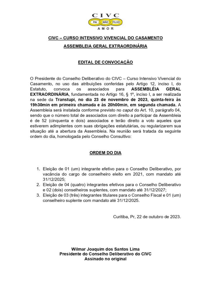 Convocação Assembleia Geral Extraordinária nov23 para escolha de novos membros para os Conselhos Deliberativo e Fiscal